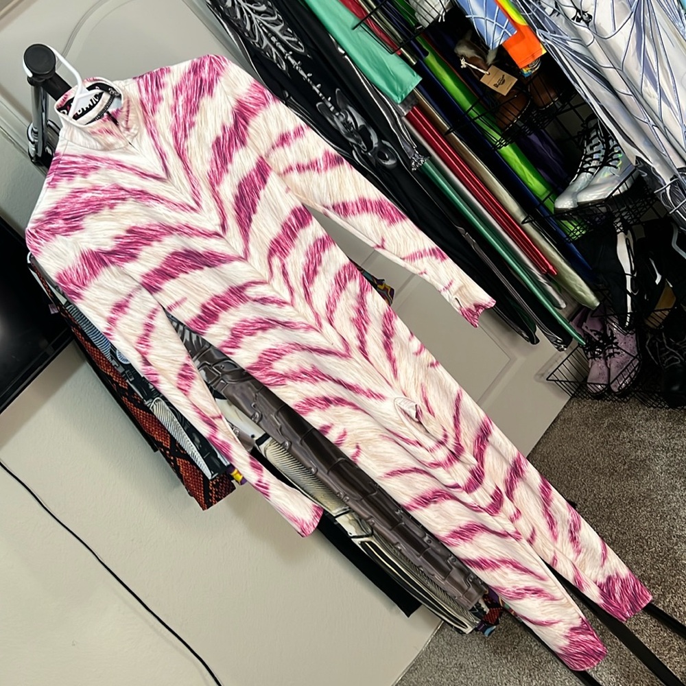 Badinka Pink Zebra Animal Skin Jumpsuit Catsuit Skinsuit Bodysuit Rave
